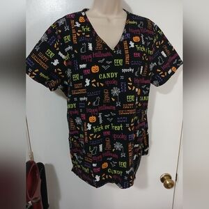 SB scrub Halloween short sleeve v neck scrub top, size lg,Color black, orange, a
